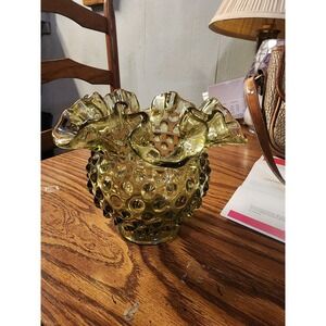 Vintage Fenton Hobnail Green Glass Decorative Ruffled Rose‎ Bowl Rare